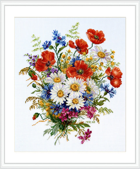 Merejka Pievų žiedai — siuvinėjimo kryželiu rinkinys, 30×26 cm