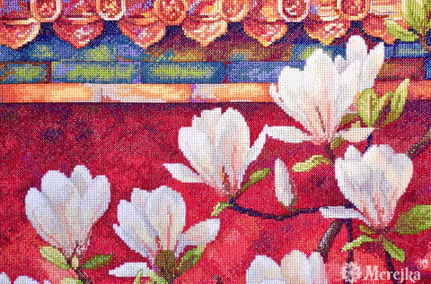 Kryželiu siuvinėjimo rinkinys „Magnolija“ paveikslui, 38 x 32 cm, su DMC siūlais ir Zweigart Aida 16 drobe