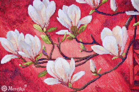Kryželiu siuvinėjimo rinkinys „Magnolija“ paveikslui, 38 x 32 cm, su DMC siūlais ir Zweigart Aida 16 drobe