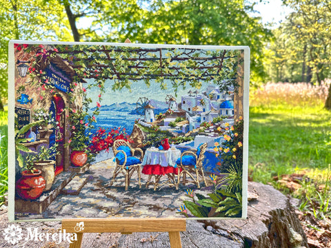 Merejka Santorinis — terasos panorama, sienų paveikslas 38,5×29 cm