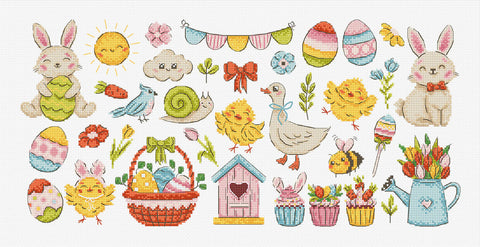 Velykinis kryželių siuvinėjimo rinkinys „Easter Sampler“ dekoratyviam paveikslui 40×19 cm