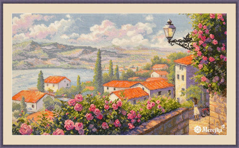 Siuvinėjimo kryželiu rinkinys „Vasaros šnabždesiai“ – vasaros peizažas ant balto Zweigart Aida 16, 43,5×25 cm