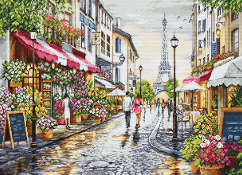 Kryželiu siuvinėjimo rinkinys „Paryžiaus gėlių parduotuvėlė“ 48×35 cm, miesto peizažas ant Zweigart Aida 16 ct drobės