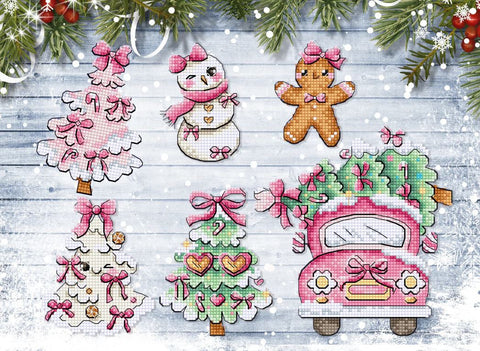 Kalėdinis kryželių siuvinėjimo rinkinys „Sweetmas“ eglutės žaisliukams, 9 cm, 6 vnt.