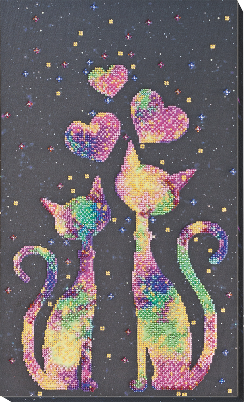 Karoliukų siuvinėjimo paveikslo rinkinys „Murkiantys kačiukai“ ant natūralios drobės, 25 x 42 cm