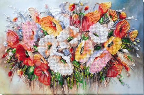 Karoliukų siuvinėjimo komplektas „Švelnios gėlės“, 27x40 cm paveikslas