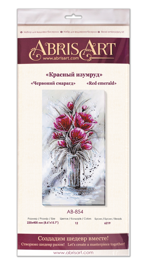Karoliukų siuvinėjimo rinkinys „Raudonasis Smaragdas“ – gėlių paveikslas, 22x40 cm