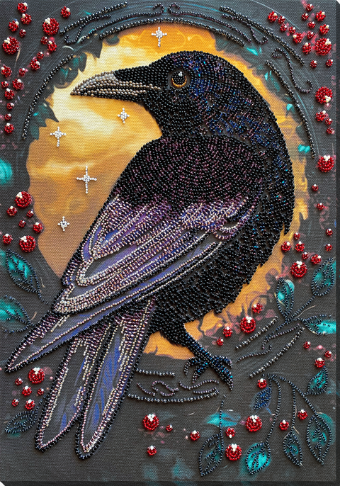 Siuvinėjimo karoliukais rinkinys „Juodasis varnas“ miesto peizaže, 25x35 cm