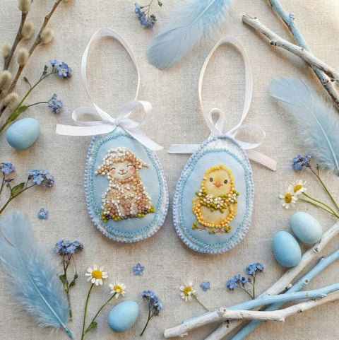 Velykinis karoliukų siuvinėjimo rinkinys „Easter Company“ ant drobės, 15×5 cm
