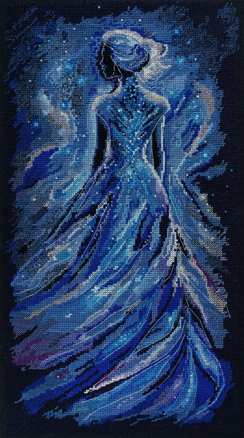 Siuvinėjimo kryželiu rinkinys „Sapnų sergėtoja“ ant juodo aido, 25x43 cm, su metalizuotais siūlais