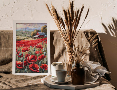 Siuvinėjimo kryželiu komplektas „Aguonų saulėlydis“ 30x19 cm