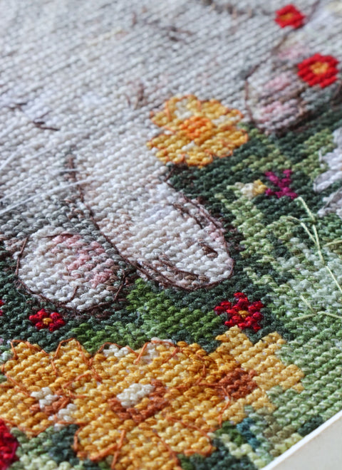 Kryželiu siuvinėjimo rinkinys paveikslui „Karšta diena“ 20×20 cm, vasaros motyvo sienų dekoras