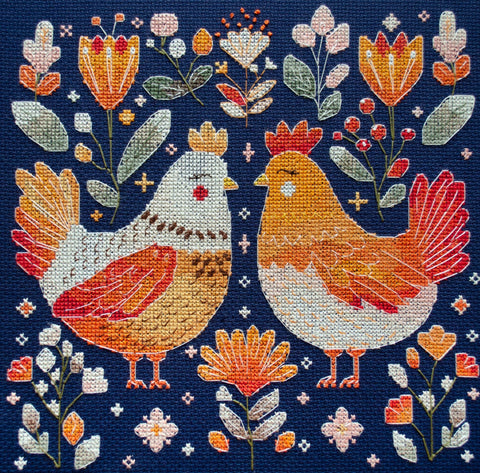 Siuvinėjimo kryželiu komplektas „Geriausios vištų draugės“, 23×23 cm rankdarbių paveikslas