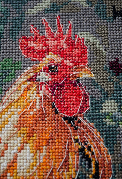 Siuvinėjimo kryželiu rinkinys „Gaidys kieme“ 23x30 cm – Deco Scenes paveikslas namų dekorui