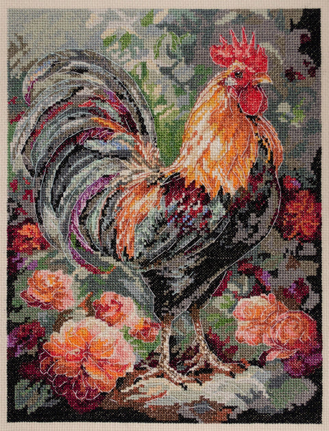 Siuvinėjimo kryželiu rinkinys „Gaidys kieme“ 23x30 cm – Deco Scenes paveikslas namų dekorui