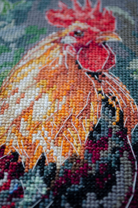 Siuvinėjimo kryželiu rinkinys „Gaidys kieme“ 23x30 cm – Deco Scenes paveikslas namų dekorui
