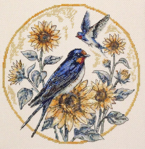Kryželių siuvinėjimo rinkinys „Kregždžių melodija“ paveikslui 24x24 cm ant Aida 14 ct audinio