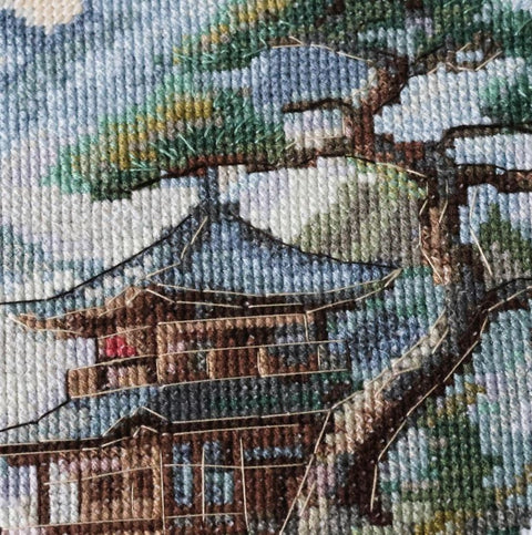 Siuvinėjimo kryželiu rinkinys „Rami vieta“ – ramus gamtos peizažas, 34×28 cm paveikslas