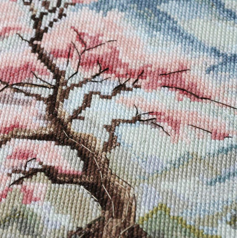 Siuvinėjimo kryželiu rinkinys „Rami vieta“ – ramus gamtos peizažas, 34×28 cm paveikslas