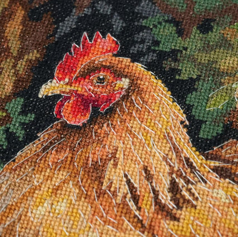 Siuvinėjimo kryželiu rinkinys „Višta kieme“ ant kavos spalvos Aida 14 ct drobės, 23×30 cm dekoratyvinis gyvūnų paveikslas