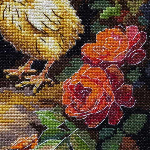 Siuvinėjimo kryželiu rinkinys „Višta kieme“ ant kavos spalvos Aida 14 ct drobės, 23×30 cm dekoratyvinis gyvūnų paveikslas