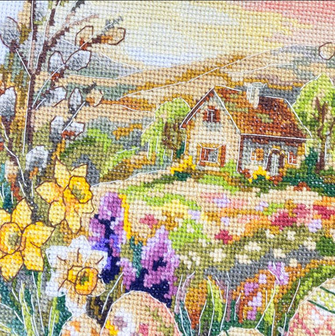 Siuvinėjimo kryželiu rinkinys velykiniam rankšluosčiui „Žydintis margutis“ 95x33 cm