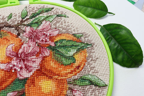 Siuvinėjimo kryželiu rinkinys „Citrusinės natos“ su dekoratyviniu lankeliu 17x17 cm, Abris Art