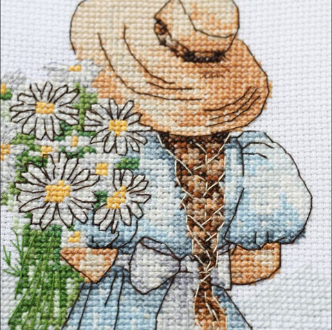 Siuvinėjimo kryželiu rinkinys „Ramunės jai“ su rėmeliu, balta Aida 14 ct, 15x15 cm