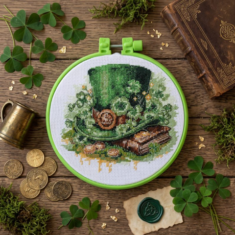 Siuvinėjimo kryželiu rinkinys „Leprekono skrybėlė“ su lankeliu 15 x 15 cm