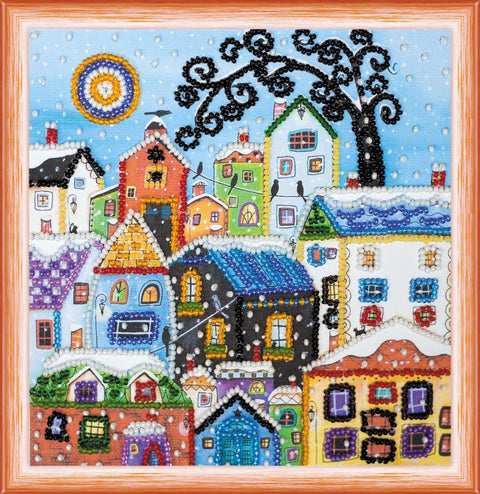 Mini siuvinėjimo karoliukais rinkinys „Spalvingi namai“ 15×15 cm