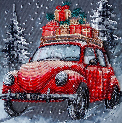 Karoliukų siuvinėjimo komplektas „Šventinis pristatymas“, 20x20 cm rankdarbių paveikslas
