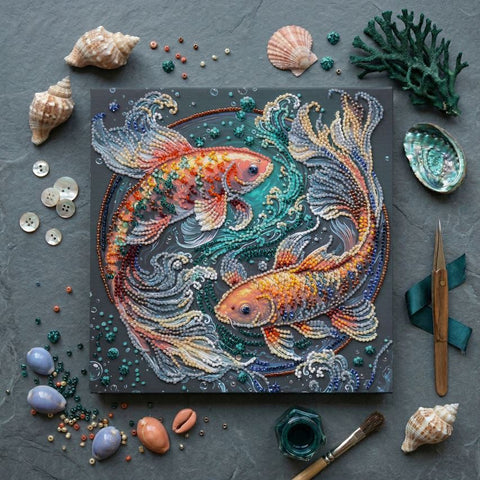 Vidutinio dydžio karoliukų siuvinėjimo rinkinys „Šokis tarp bangų“ dekoratyviniam paveikslui 20x20 cm