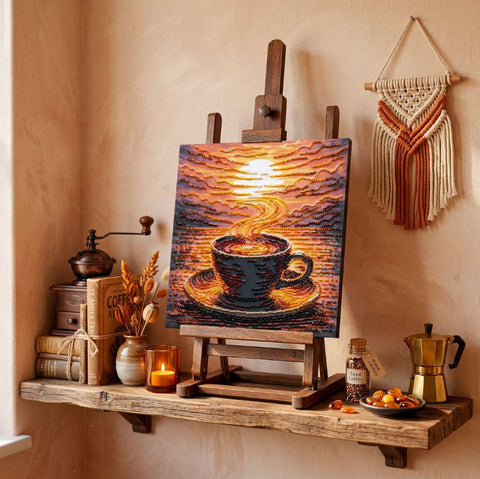 Vidutinio dydžio karoliukų siuvinėjimo rinkinys „Kvapni kava“, 20×20 cm paveikslas kavos mėgėjams