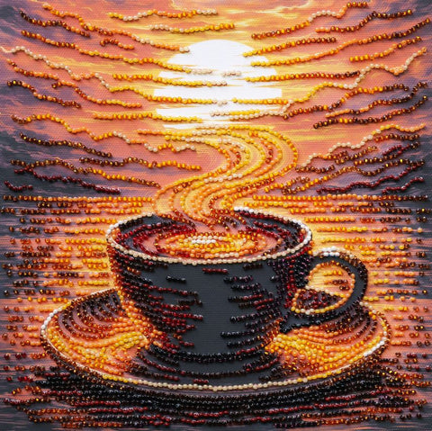 Vidutinio dydžio karoliukų siuvinėjimo rinkinys „Kvapni kava“, 20×20 cm paveikslas kavos mėgėjams