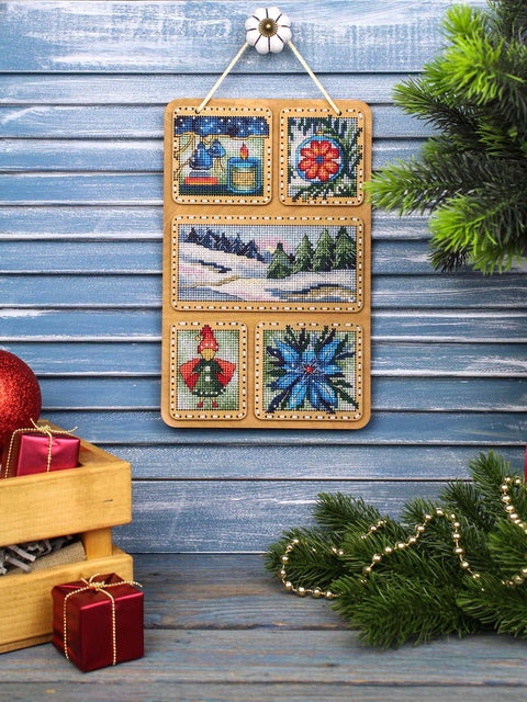 Žiemos koliažas – kryželiu siuvinėjimo rinkinys ant medinės perforuotos bazės, 26×17 cm