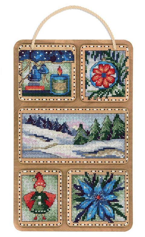 Žiemos koliažas – kryželiu siuvinėjimo rinkinys ant medinės perforuotos bazės, 26×17 cm