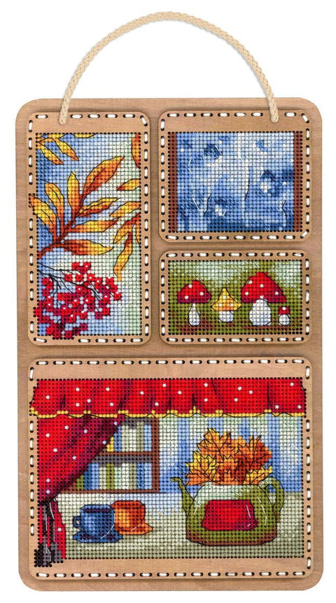 Kryželių siuvinėjimo rinkinys ant medžio „Rudens koliažas“ sienų dekorui, 26 x 17 cm