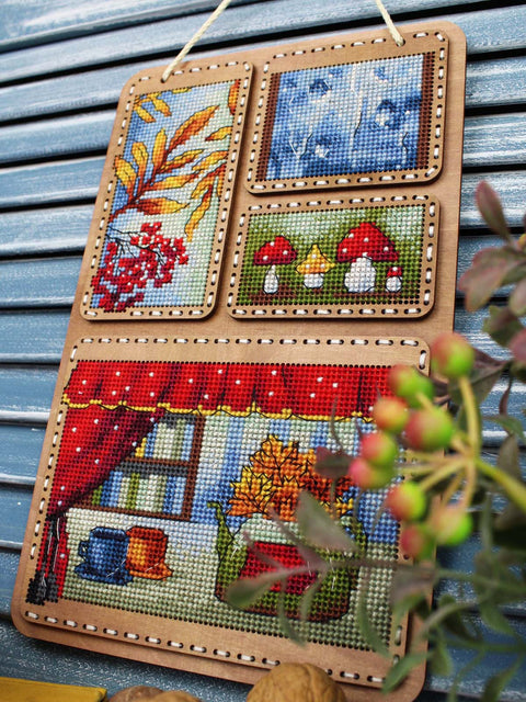 Kryželių siuvinėjimo rinkinys ant medžio „Rudens koliažas“ sienų dekorui, 26 x 17 cm