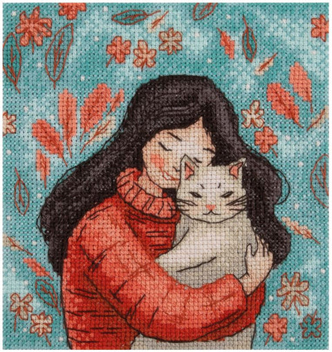 Siuvinėjimo rinkinys kryželiu KLART „Mergaitė su kate“, maža dekoratyvinė schema 12x13 cm