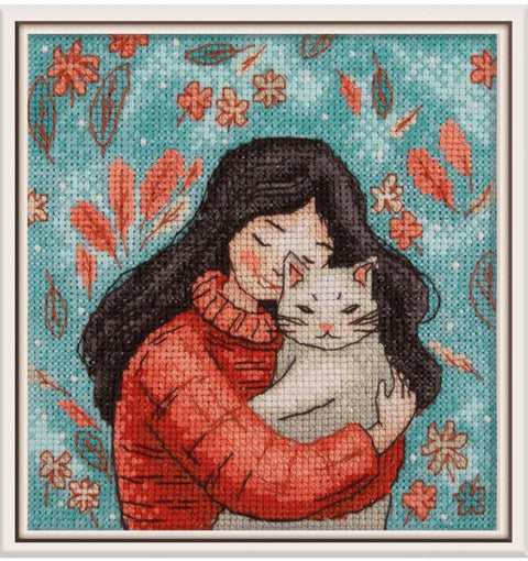Siuvinėjimo rinkinys kryželiu KLART „Mergaitė su kate“, maža dekoratyvinė schema 12x13 cm