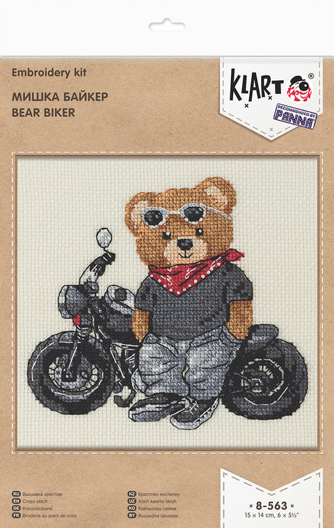 Siuvinėjimo kryželiu rinkinys „Biker Bear“ – meškinas motociklininkas, dalinis siuvinėjimas 15x14 cm