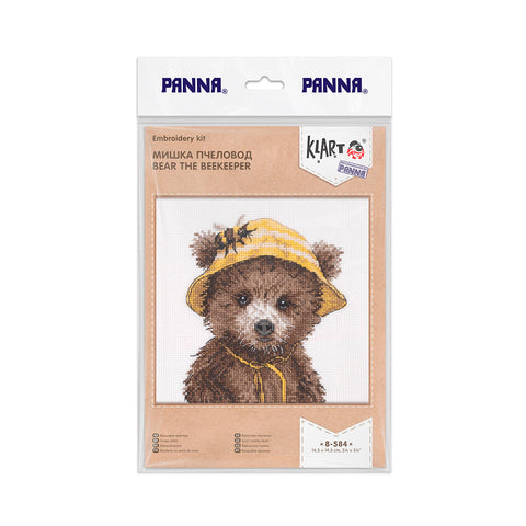 Kryželių siuvinėjimo rinkinys „Meškiukas bitininkas“ 14,5×14,5 cm – pradedantiesiems, dovanai ir namų dekorui