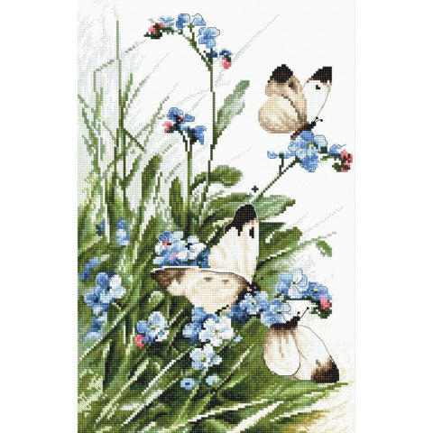 Siuvinėjimo rinkinys LetiStitch Butterflies and Bluebird Flowers SLETI939 27x17cm - kaSiulai.lt