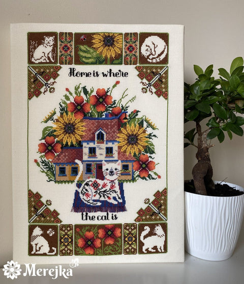 Siuvinėjimo rinkinys „Namai, kur katinas“ 27×43 cm katų mylėtojams - kaSiulai.lt