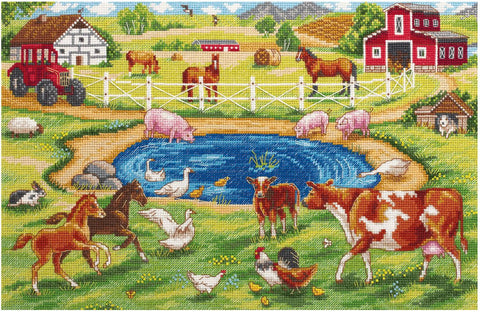 Siuvinėjimo kryželiu rinkinys PANNA „Rytas ūkyje“ – kaimo peizažas, 33,5 x 21,5 cm