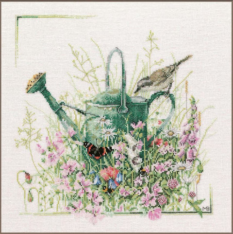 Kryželių siuvinėjimo rinkinys „Laistytuvas“ su gamtos motyvu, 36 x 36 cm dekoratyvus paveikslas