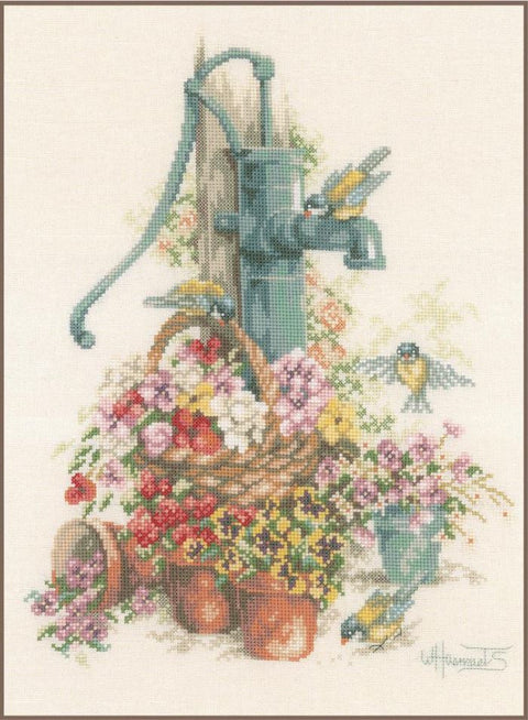Kryželiu siuvinėjimo rinkinys „Paukščiai prie vandens siurblio“ – gamtos motyvų paveikslas, 29x39 cm