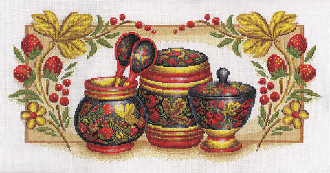 PANNA panoraminis kryželių siuvinėjimo rinkinys su „Chochloma“ ornamentu, 52 × 26,5 cm