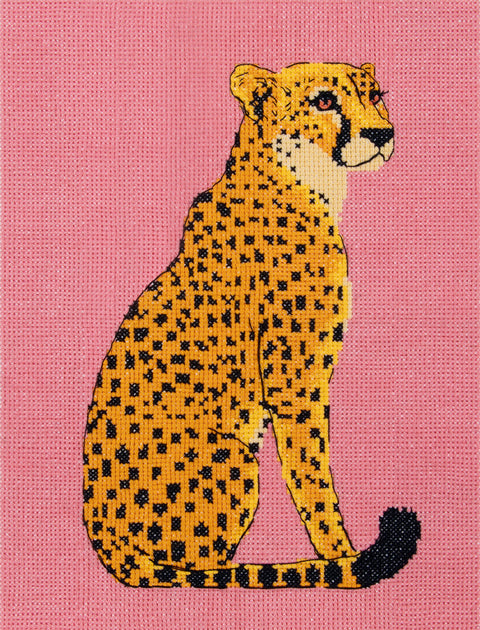 Kryželinio siuvinėjimo rinkinys „Gepardas“ su tirpia drobe, 19 x 25 cm, gyvūnų motyvo dekorui