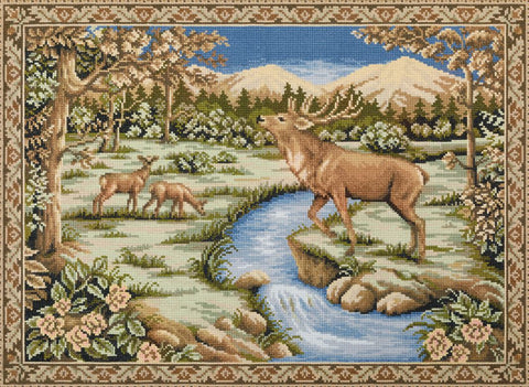 Siuvinėjimo kryželiu rinkinys „Elnias gamtos peizaže“ – didelis gobelenas 62x45 cm